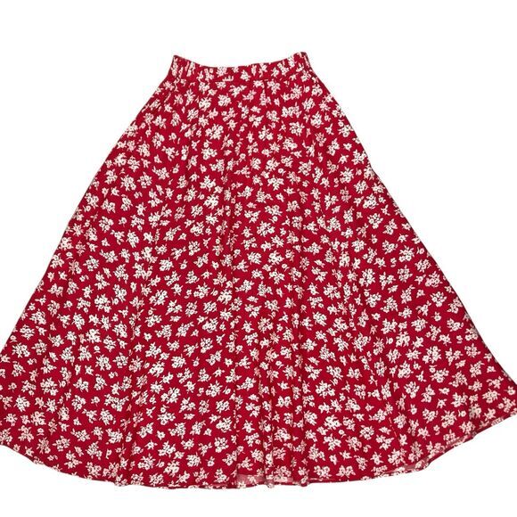 Kathie Lee Button Front Maxi Skirt 6 Red Floral Print Summer Comfy Boho Coastal - Picture 7 of 16